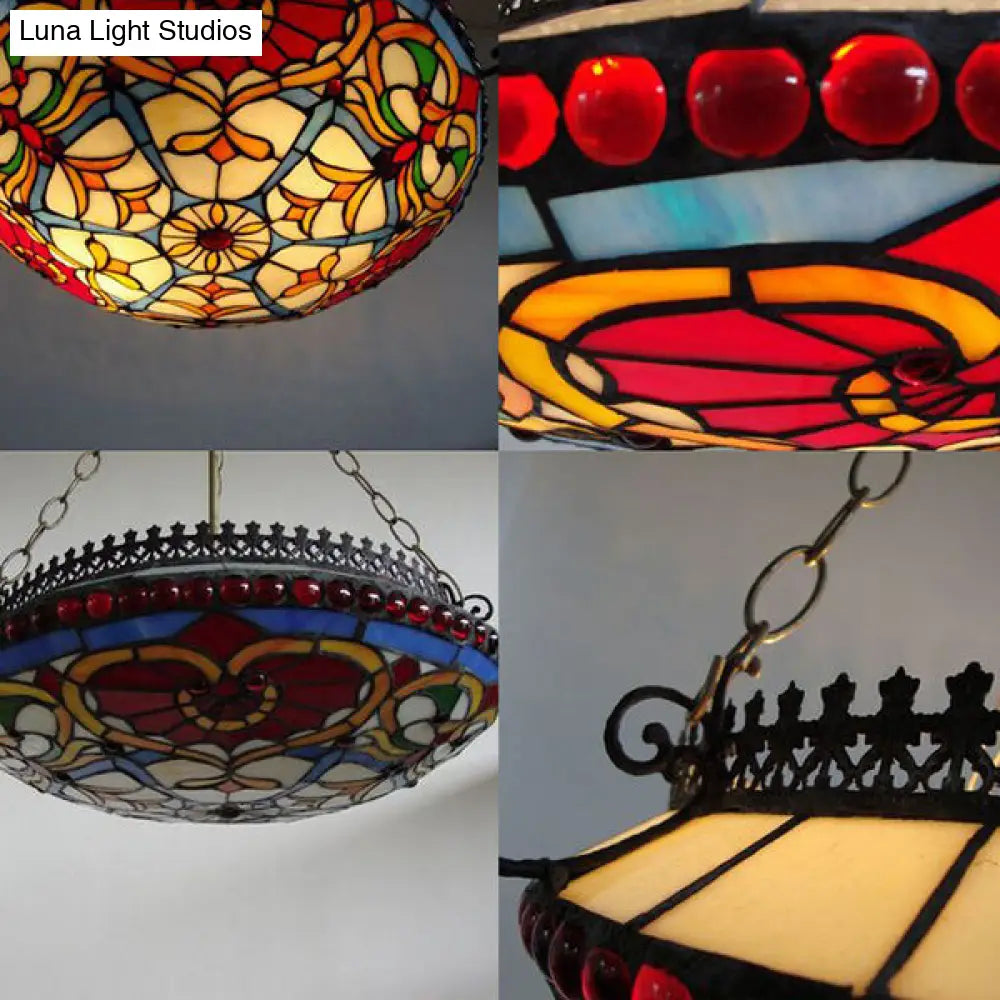 Red Stained Glass Victorian Bowl Chandelier - Elegant Hanging Ceiling Light For Living Room