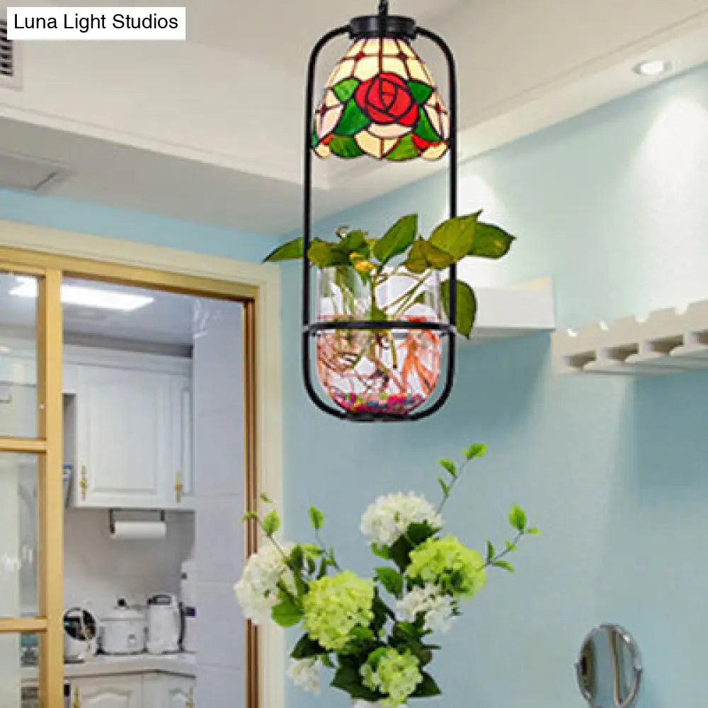 Rose Design Tiffany-Style Red Ceiling Pendant Light With Plant Attachment