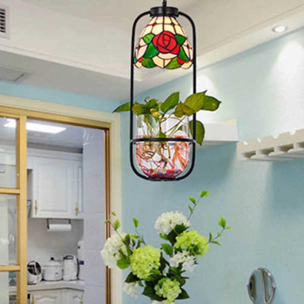 Red Tiffany Style Rose Design Hanging Lamp With Stainless Glass - Ceiling Pendant Light Plant Accent