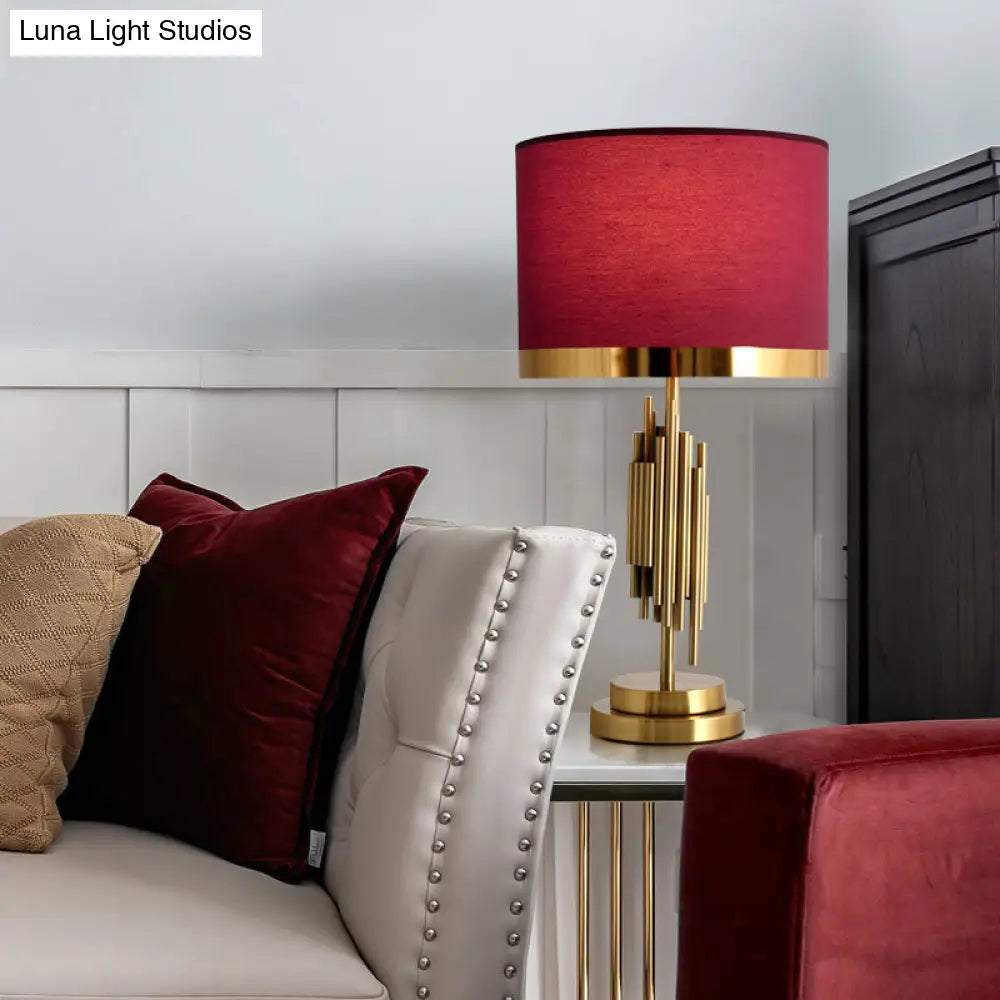 Red Traditional Fabric Table Light With Single Drum Shade - Perfect For Living Room Nightstand