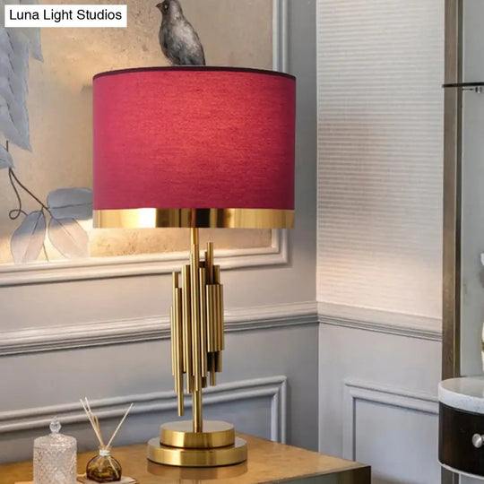 Red Traditional Fabric Table Light With Single Drum Shade - Perfect For Living Room Nightstand