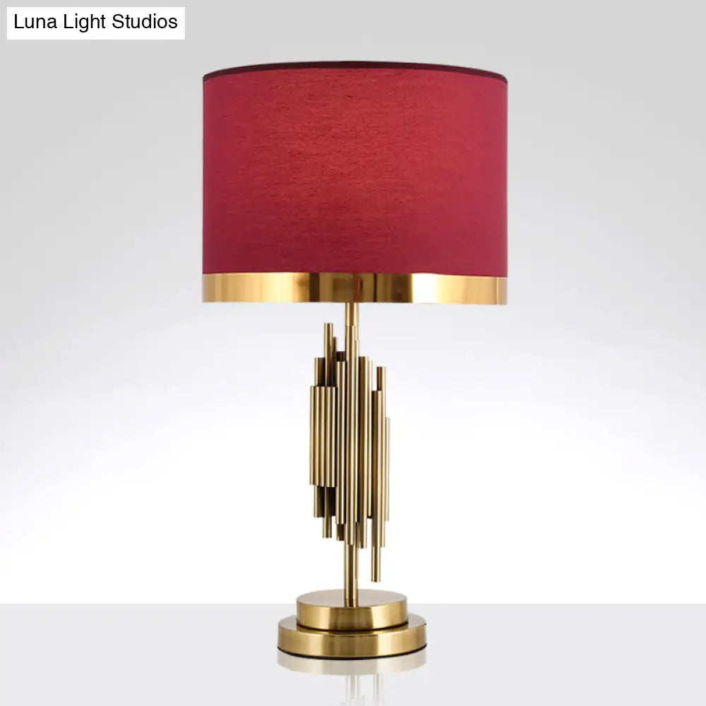 Red Traditional Fabric Table Light With Single Drum Shade - Perfect For Living Room Nightstand