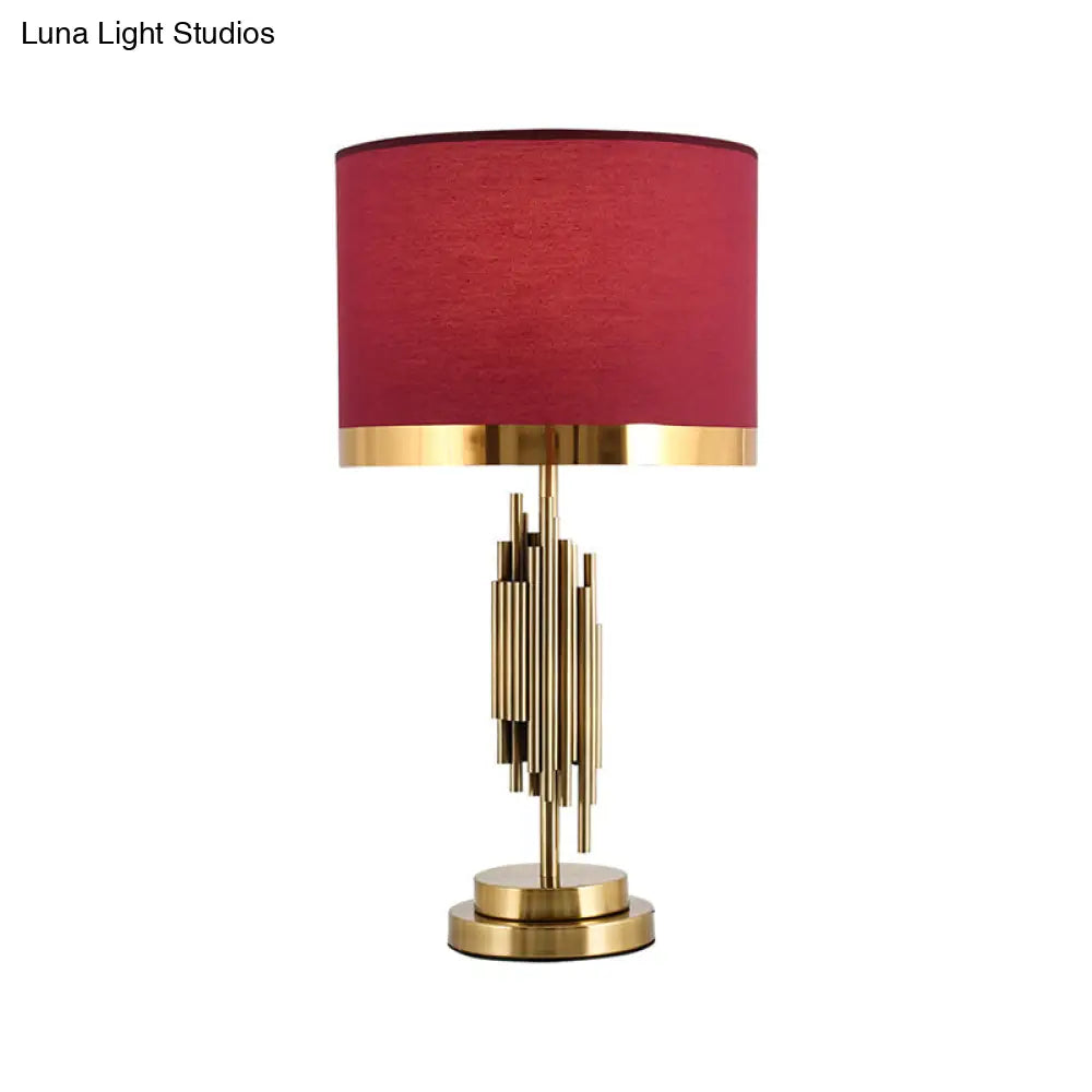 Red Traditional Fabric Table Light With Single Drum Shade - Perfect For Living Room Nightstand