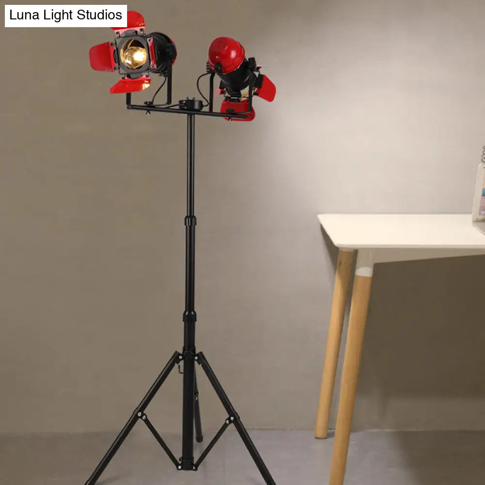 Red Tripod Design Retro Industrial Floor Lamp - 2 Lights Metallic Standing Light For Studios