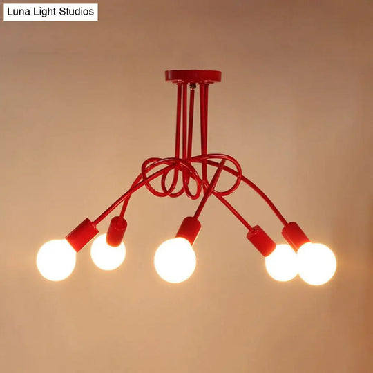 Red Twisted Semi Flush Industrial Loft Metal 5-Light Bedroom Mount