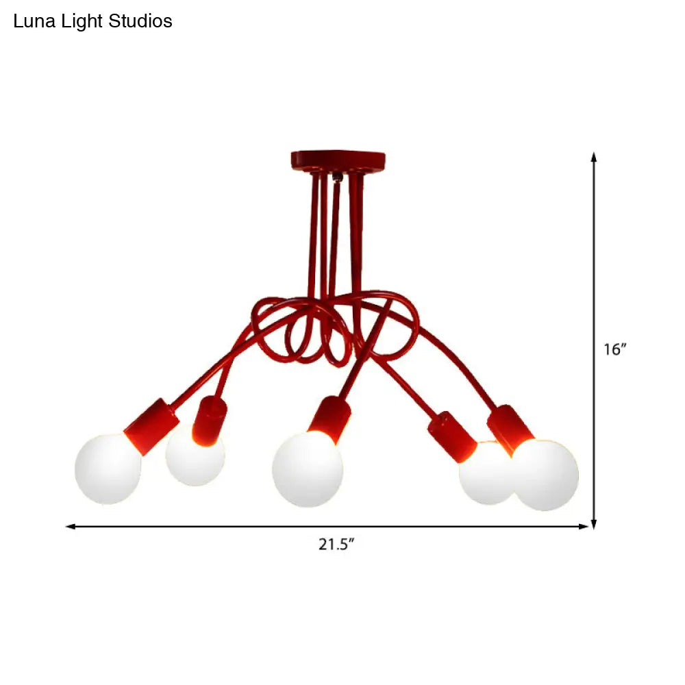 Red Twisted Semi Flush Industrial Loft Metal 5-Light Bedroom Mount