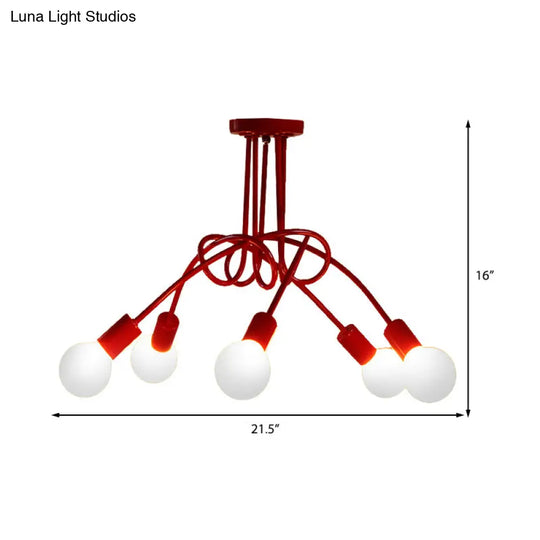 Red Twisted Semi Flush Industrial Loft Metal 5-Light Bedroom Mount