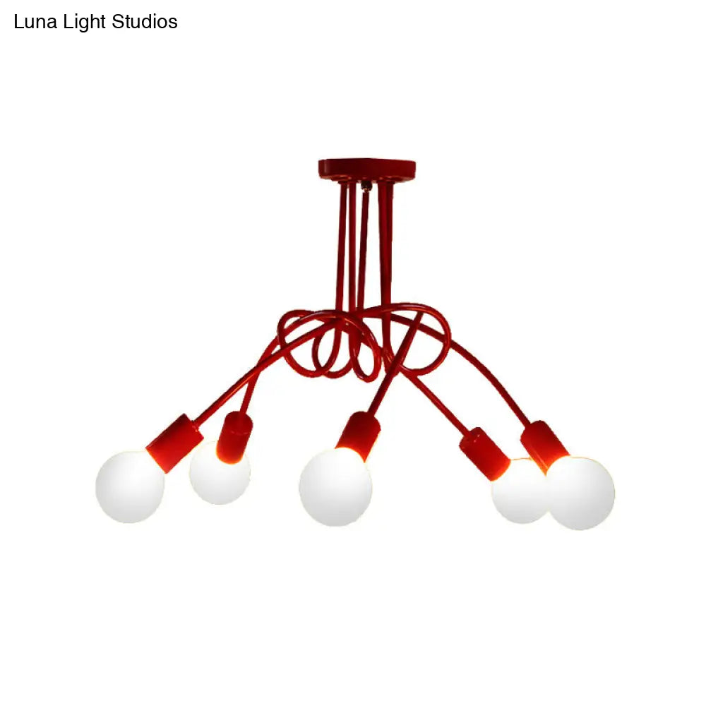 Red Twisted Semi Flush Industrial Loft Metal 5-Light Bedroom Mount