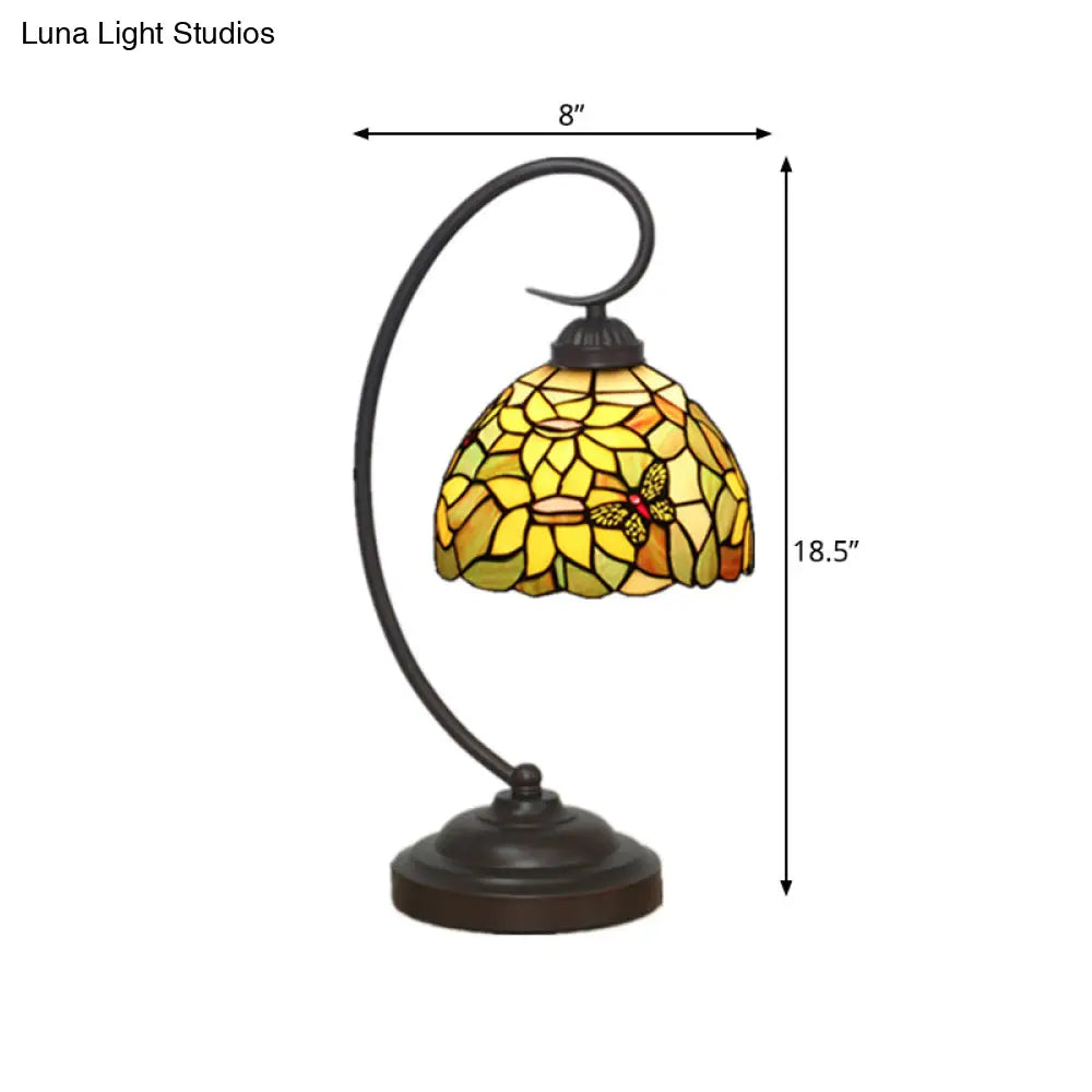 Red/Yellow Tiffany Style Hand Cut Glass Night Table Lamp With Blossom Pattern - Ideal Desk Lighting