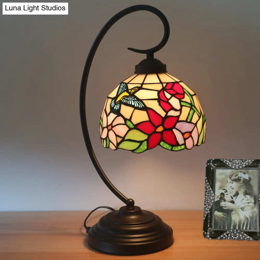 Red/Yellow Tiffany Style Hand Cut Glass Night Table Lamp With Blossom Pattern - Ideal Desk Lighting