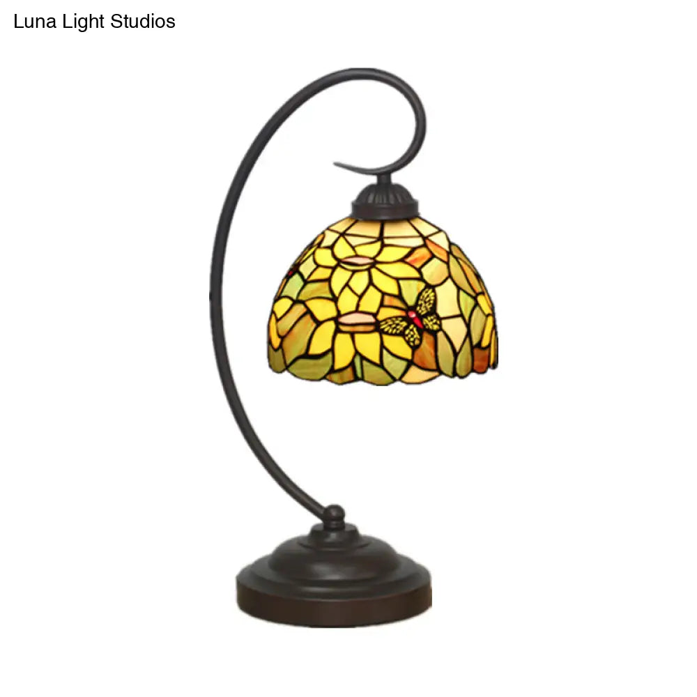 Red/Yellow Tiffany Style Hand Cut Glass Night Table Lamp With Blossom Pattern - Ideal Desk Lighting