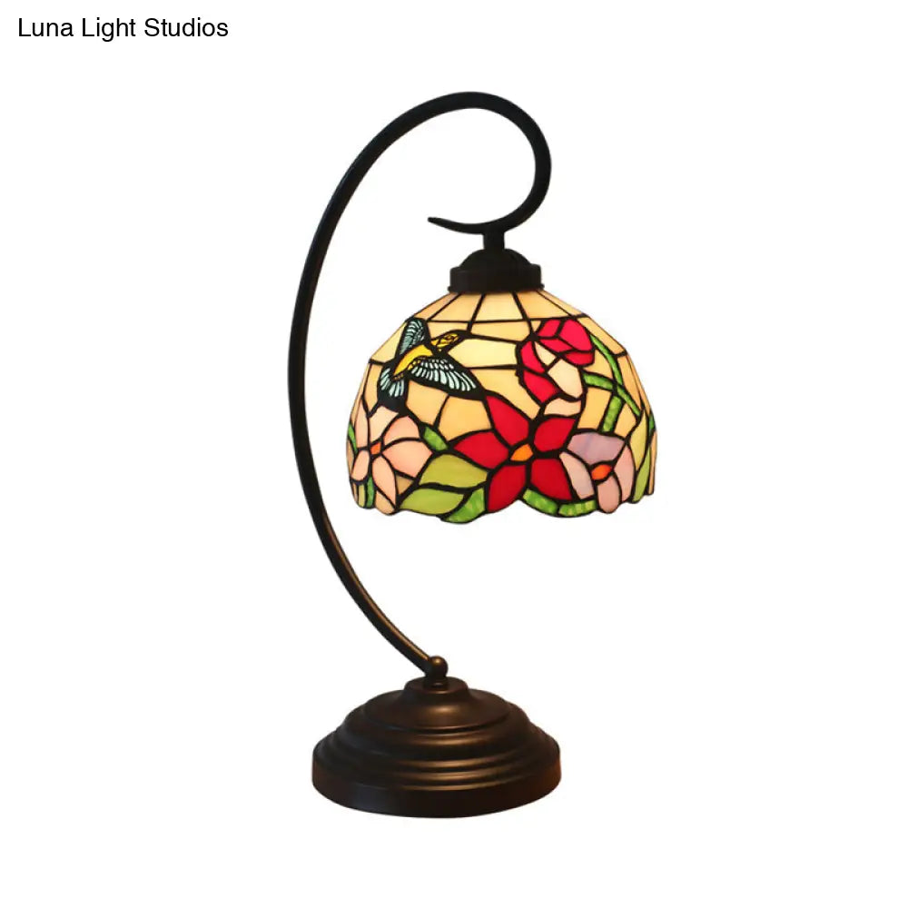 Red/Yellow Tiffany Style Hand Cut Glass Night Table Lamp With Blossom Pattern - Ideal Desk Lighting