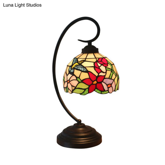 Red/Yellow Tiffany Style Hand Cut Glass Night Table Lamp With Blossom Pattern - Ideal Desk Lighting