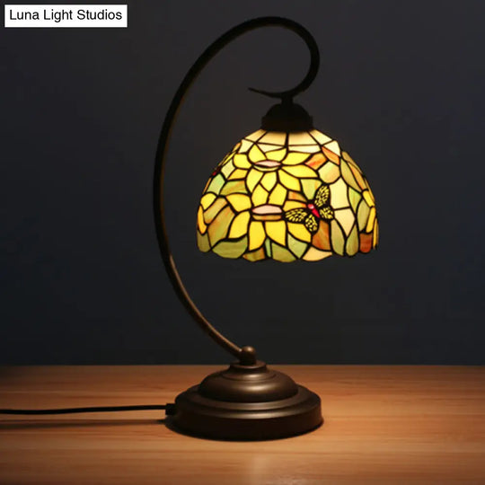 Red/Yellow Tiffany Style Hand Cut Glass Night Table Lamp With Blossom Pattern - Ideal Desk Lighting