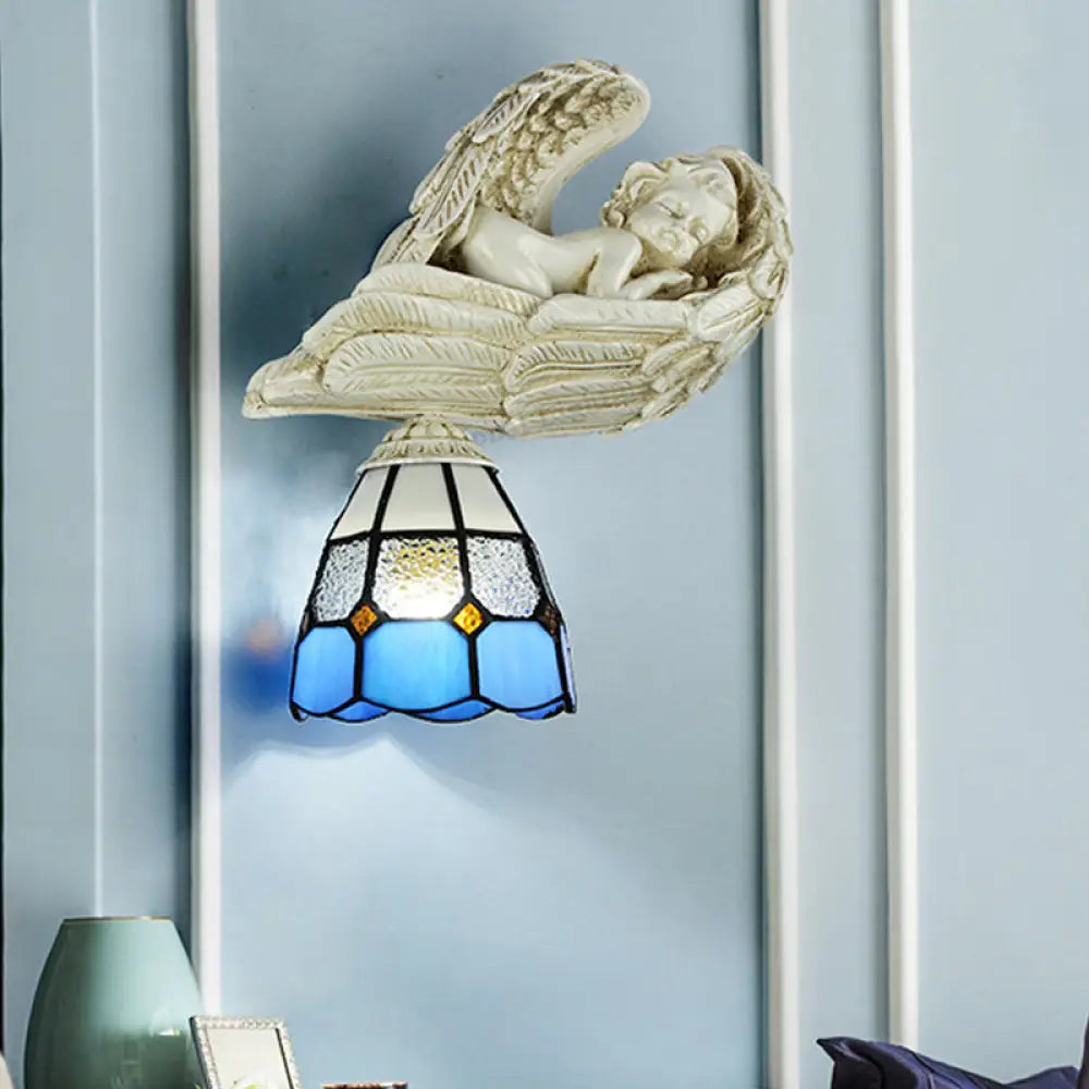 Resin Angel Loft Tiffany Stained Glass Wall Sconce Lamp In White/Clear Clear