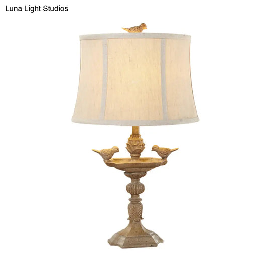 Resin Bird Base Desk Light - 1 Head Table Lamp In Brown With Fabric Shade