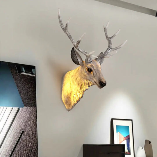 Resin Deer Wall Sconce Lamp In Grey/White/Brown For Traditional Bedroom Lighting Light Gray