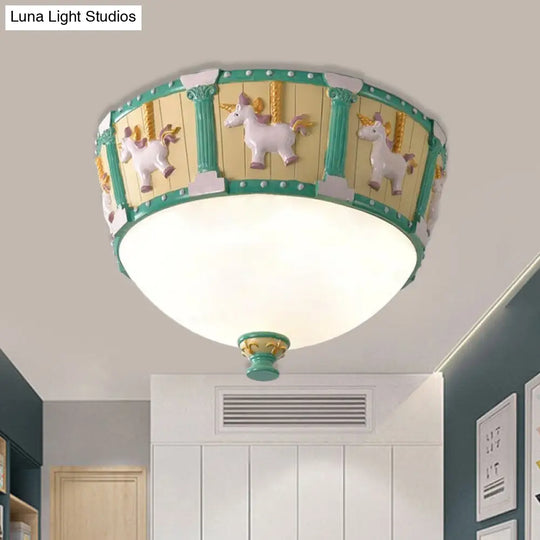 Resin Dome Flush Mount Light - Kids Pink/Green Led Flushmount With Carousel Pattern White/Warm