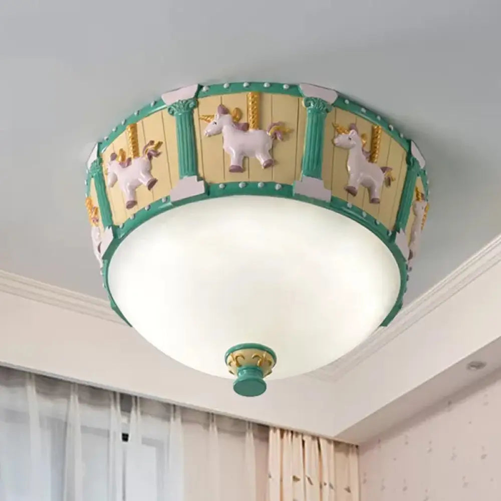 Resin Dome Flush Mount Light - Kids Pink/Green Led Flushmount With Carousel Pattern White/Warm