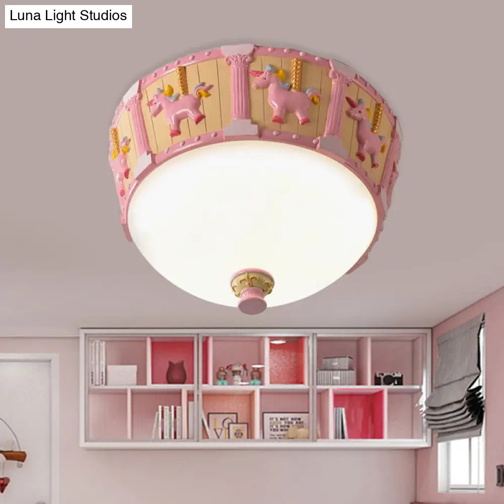 Resin Dome Flush Mount Light - Kids Pink/Green Led Flushmount With Carousel Pattern White/Warm