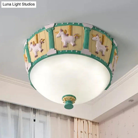 Resin Dome Flush Mount Light - Kids Pink/Green Led Flushmount With Carousel Pattern White/Warm Green