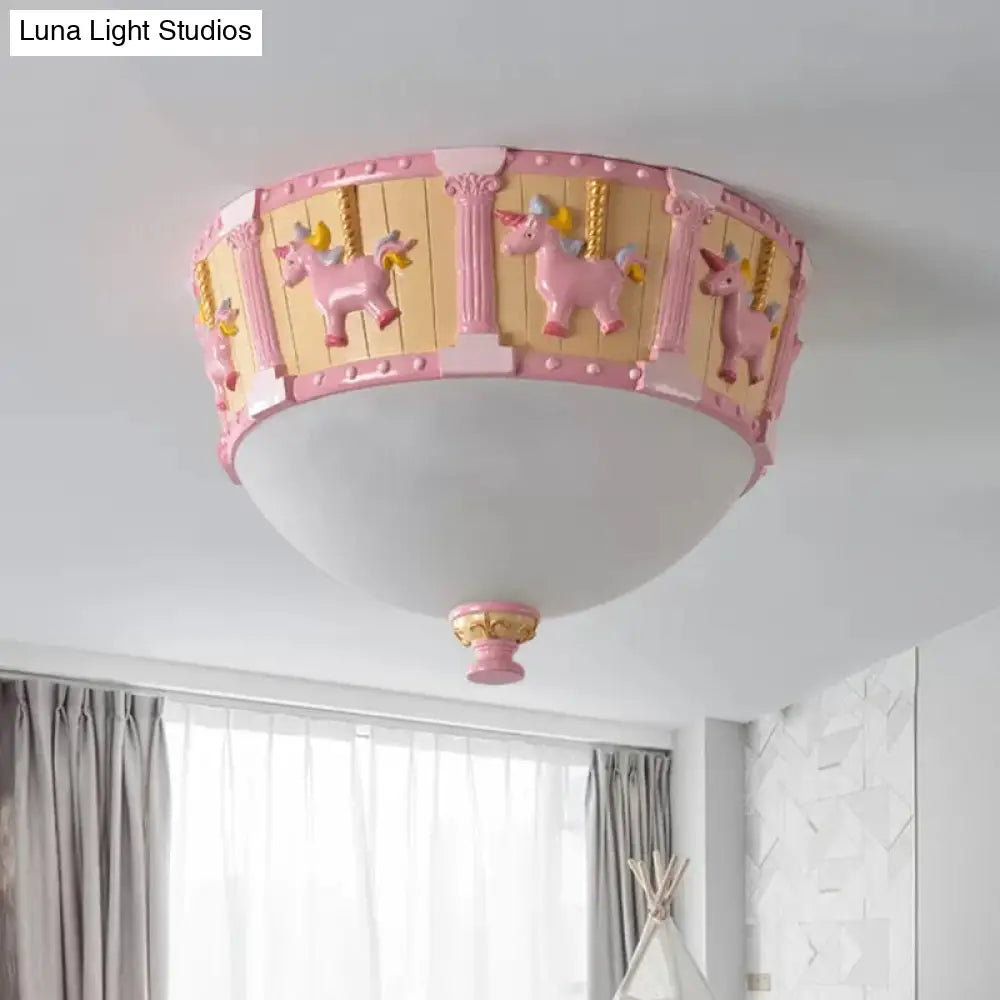 Resin Dome Flush Mount Light - Kids Pink/Green Led Flushmount With Carousel Pattern White/Warm