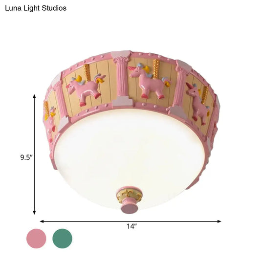 Resin Dome Flush Mount Light - Kids Pink/Green Led Flushmount With Carousel Pattern White/Warm