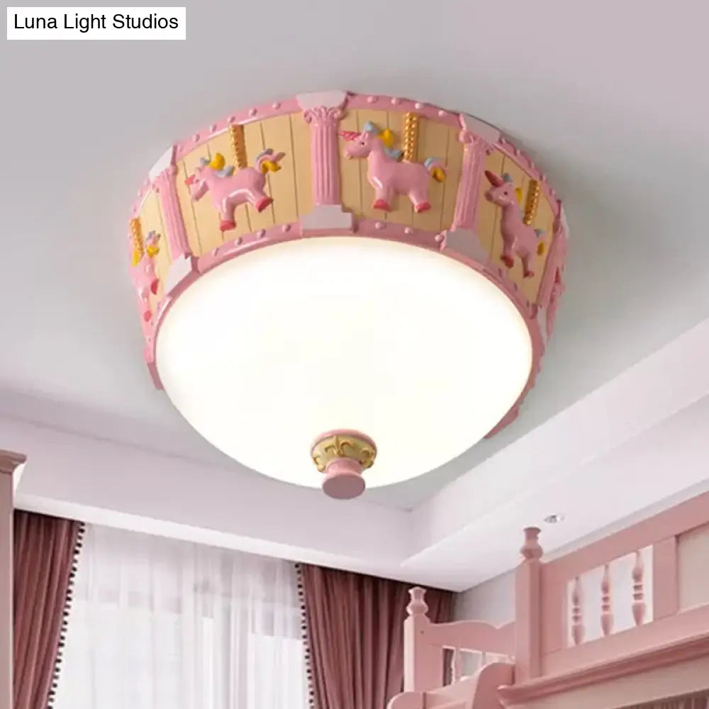 Resin Dome Flush Mount Light - Kids Pink/Green Led Flushmount With Carousel Pattern White/Warm Pink