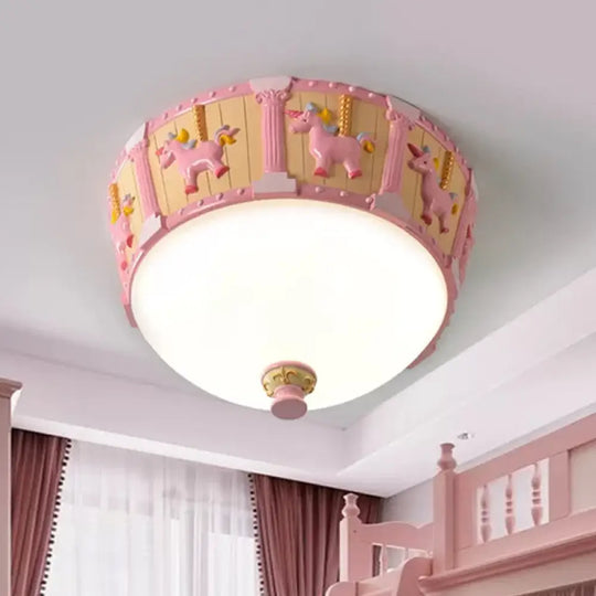 Resin Dome Flush Mount Light - Kids Pink/Green Led Flushmount With Carousel Pattern White/Warm Pink