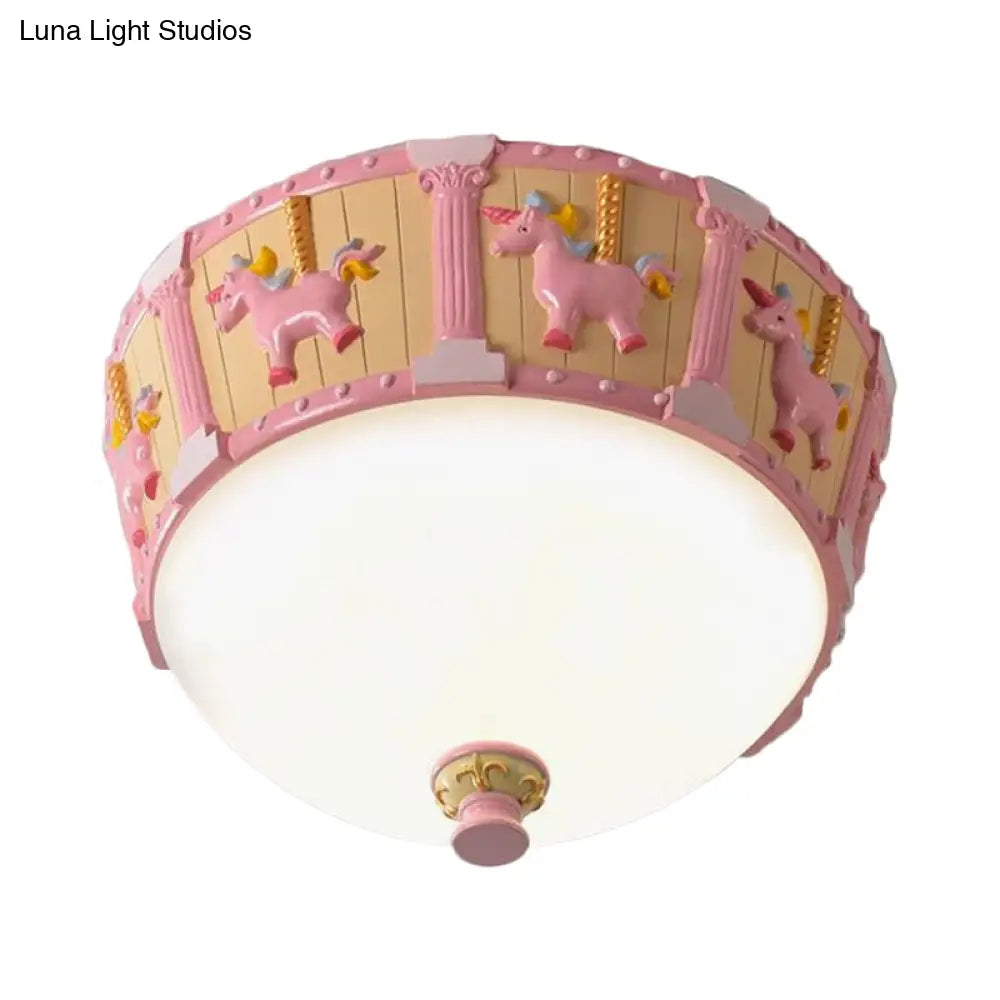 Resin Dome Flush Mount Light - Kids Pink/Green Led Flushmount With Carousel Pattern White/Warm