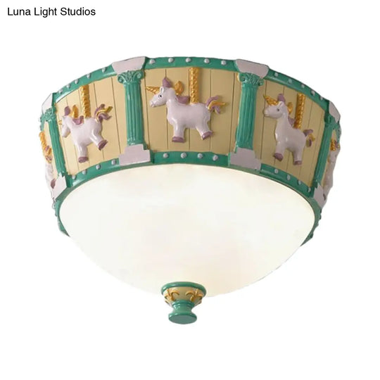 Resin Dome Flush Mount Light - Kids Pink/Green Led Flushmount With Carousel Pattern White/Warm