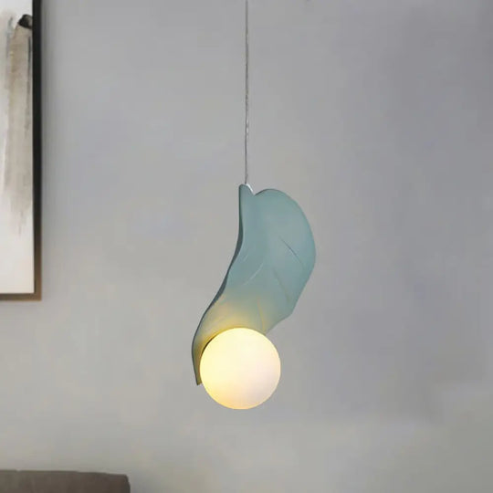 Resin Leaf Shape Macaroon Pendulum Led Suspension Lamp - White/Green Glow Ideal For Bedside
