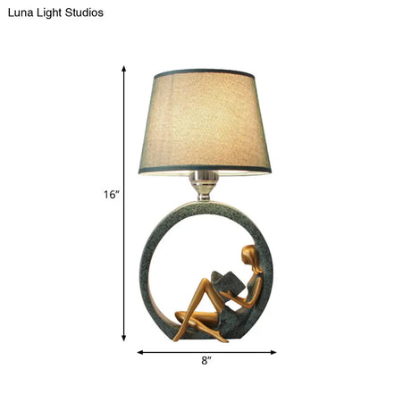 Resin Night Lamp With Tapered Fabric Shade - Modern Girl Reading Table In Blue