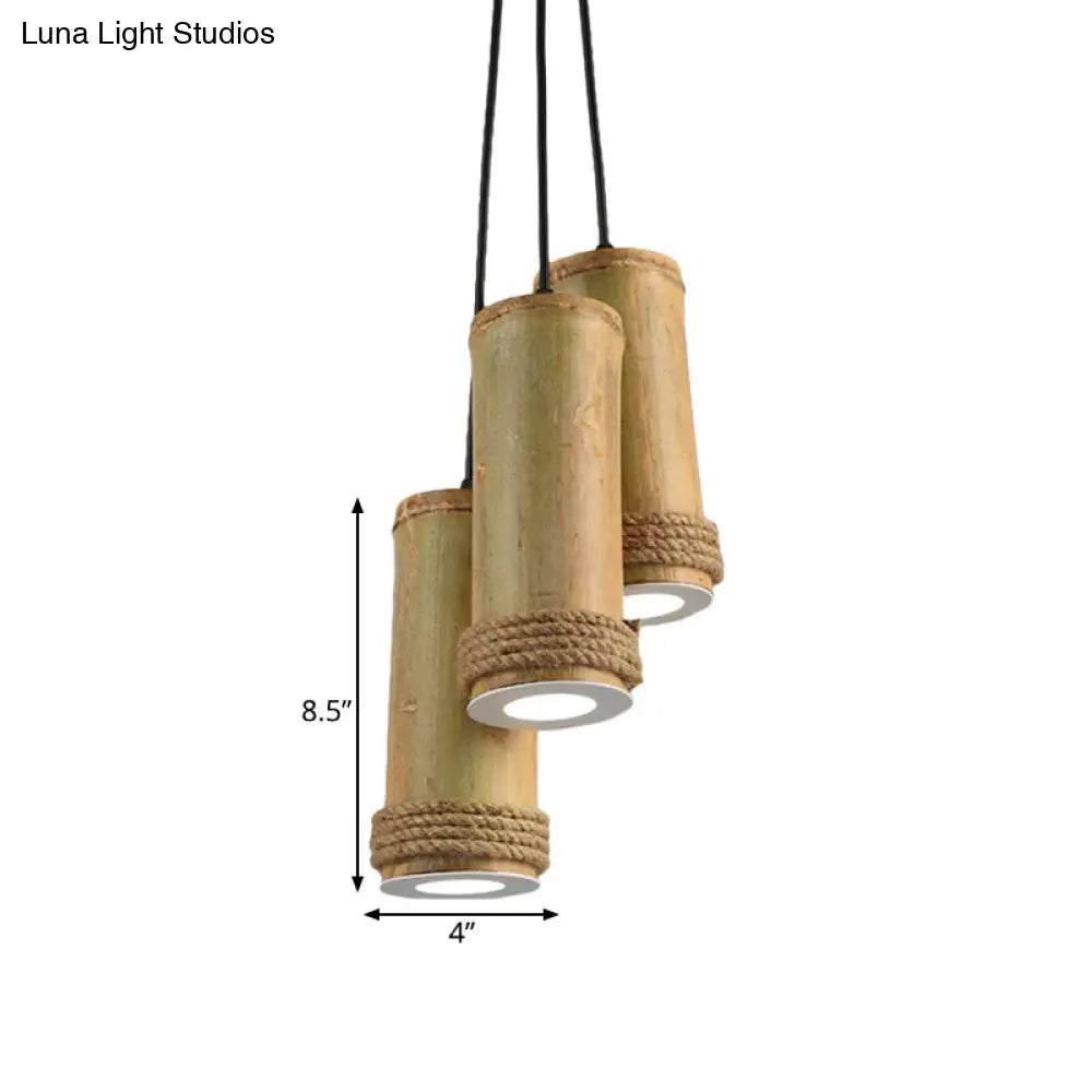 Brown Bamboo Pendant Light With 3 Clusters For Restaurants