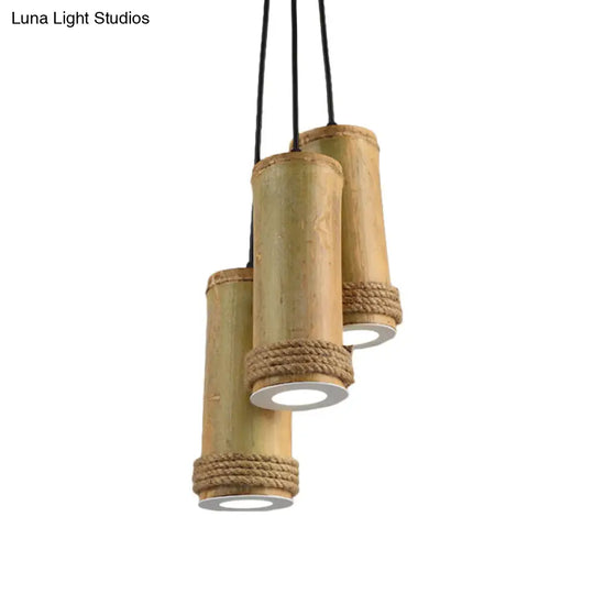 Brown Bamboo Pendant Light With 3 Clusters For Restaurants