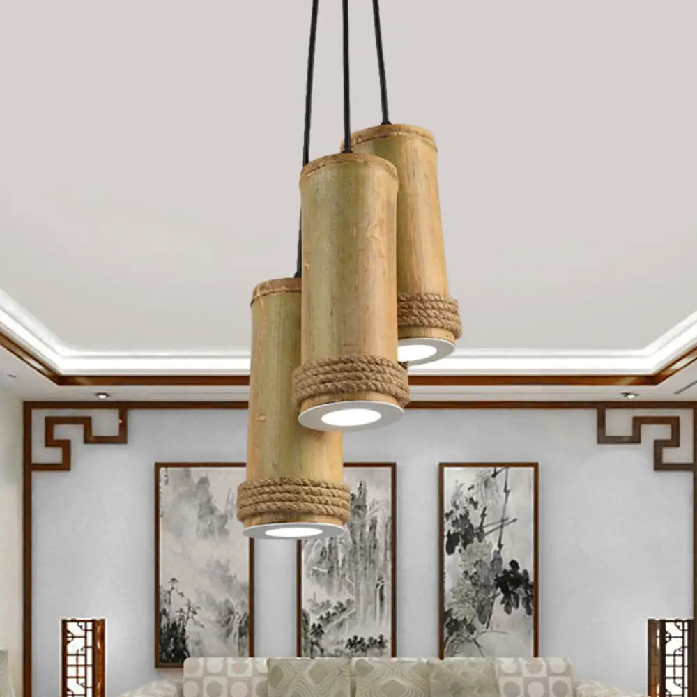 Restaurant Ceiling Fixture: Bamboo Cylinder 3-Light Cluster Pendant Light In Brown