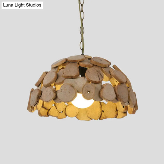 Restaurant Ceiling Light - Asian Brown Hanging Lamp With Dome Wood Block Shade