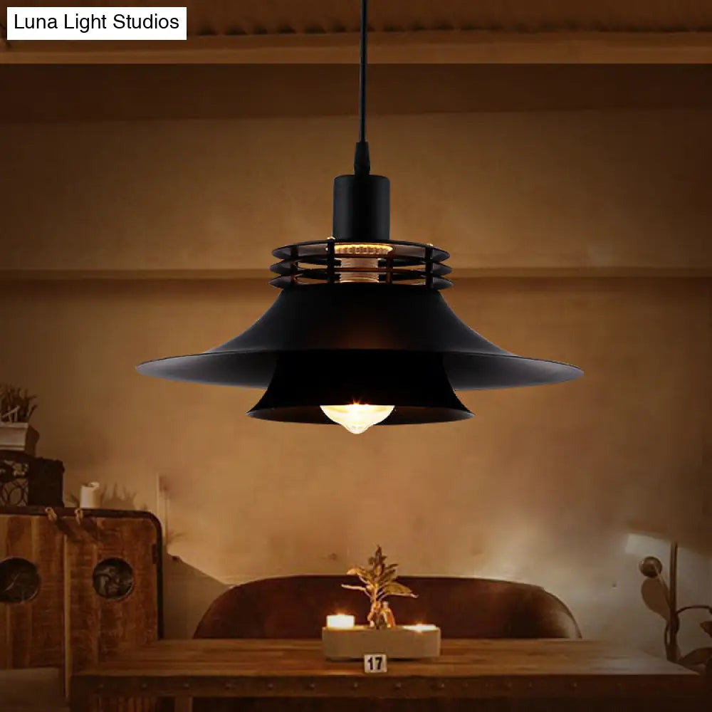 2-Layer Wide Flare Pendant Countryside Black Iron Ceiling Light For Restaurant - 12.5/14