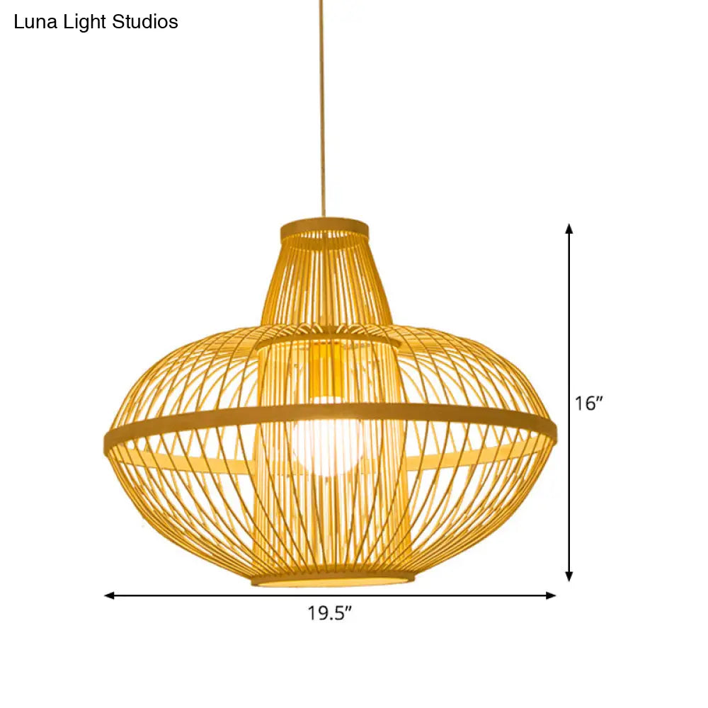 Restaurant Pendant Lamp With Bamboo Shade - Asia Wood Hanging Ceiling Light