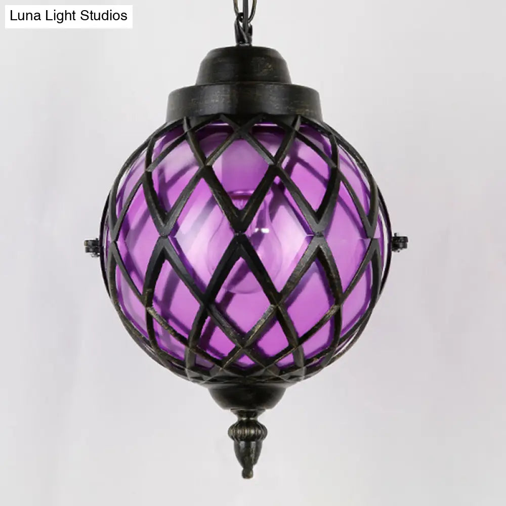 Restaurant Pendant Lighting: Moroccan Black Ceiling Light With Globe Amber/Green/Purple Glass Shade