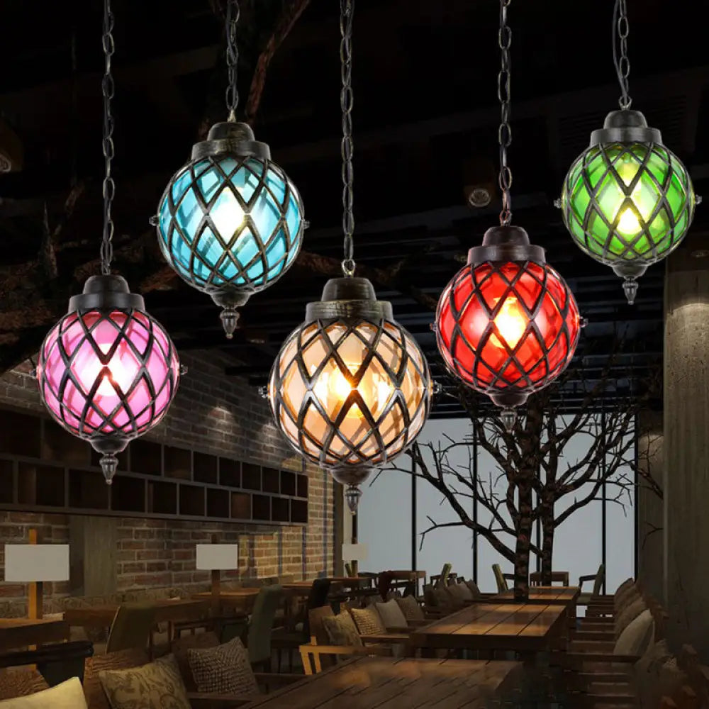 Restaurant Pendant Lighting: Moroccan Black Ceiling Light With Globe Amber/Green/Purple Glass Shade