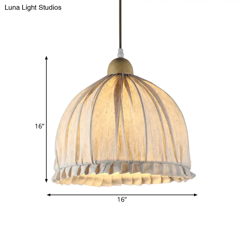 Retra 1-Light Bowl Fabric Suspended Pendant In Cream Gray With Wooden Top - 14/16 W For Dining Room