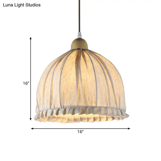 Retra 1-Light Bowl Fabric Suspended Pendant In Cream Gray With Wooden Top - 14/16 W For Dining Room