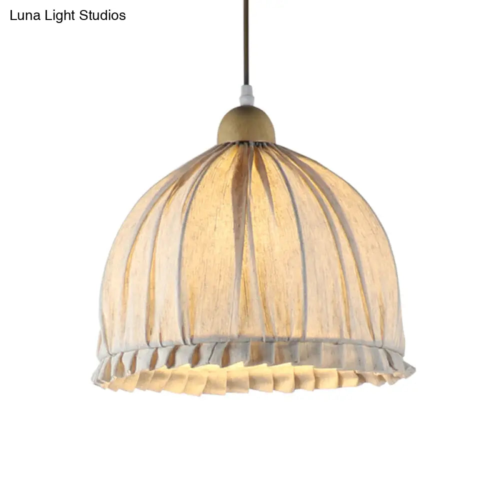 Retra 1-Light Bowl Fabric Suspended Pendant In Cream Gray With Wooden Top - 14/16 W For Dining Room