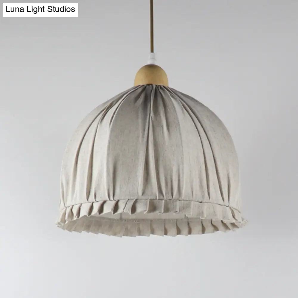 Retra 1-Light Bowl Fabric Suspended Pendant In Cream Gray With Wooden Top - 14/16 W For Dining Room