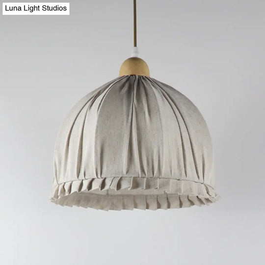 Retra 1-Light Bowl Fabric Suspended Pendant In Cream Gray With Wooden Top - 14/16 W For Dining Room