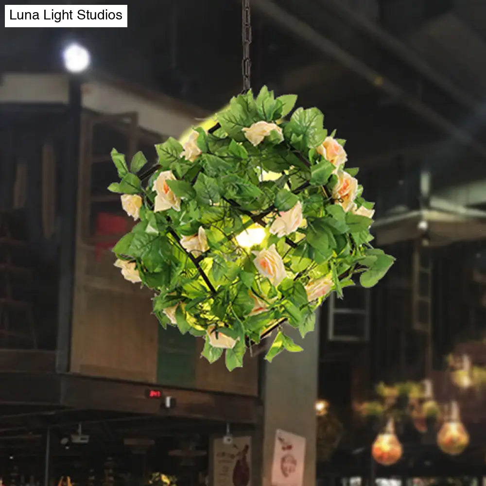 Vintage Geometric Suspension Lamp - Metal Led Pendant Light In Black With Plant And Flower Accents