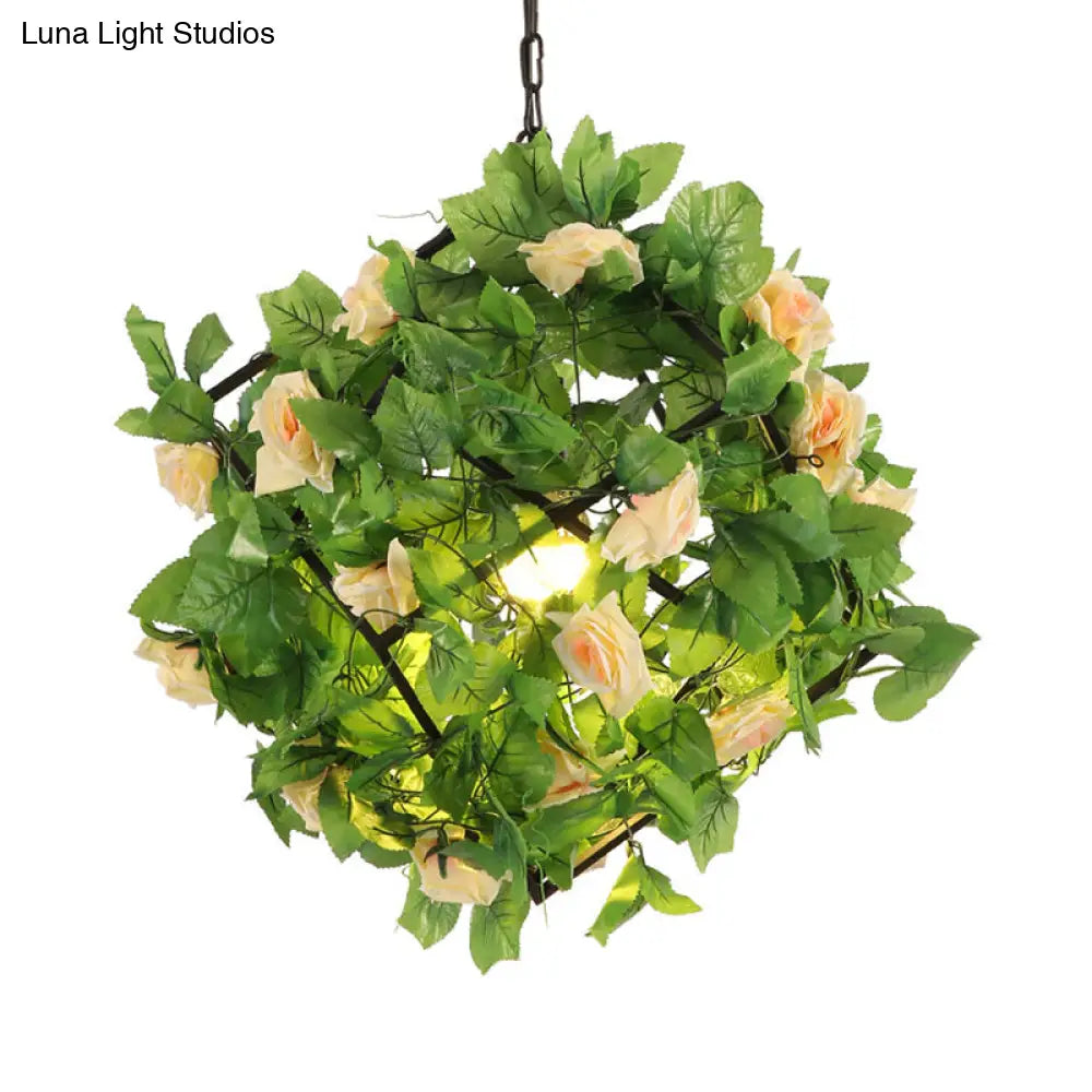 Retro 1-Head Black Metal Led Geometric Pendant Lamp With Plant And Flower Accent