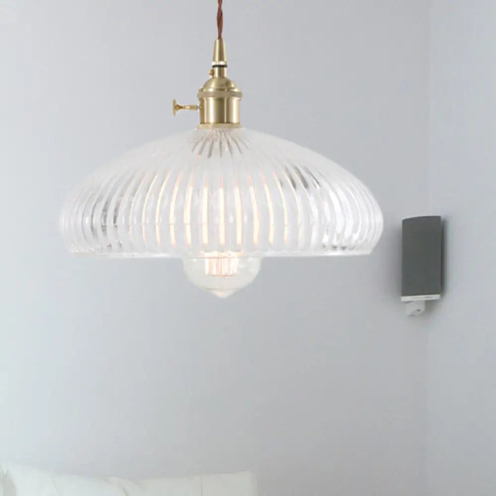 Retro 1-Light Clear Glass Brass Pendant Lamp For Living Room / Dome