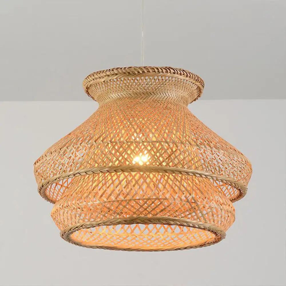 Retro 2-Tier Wood Hanging Ceiling Light With Bamboo Shade - 1 Bulb Suspension Lighting